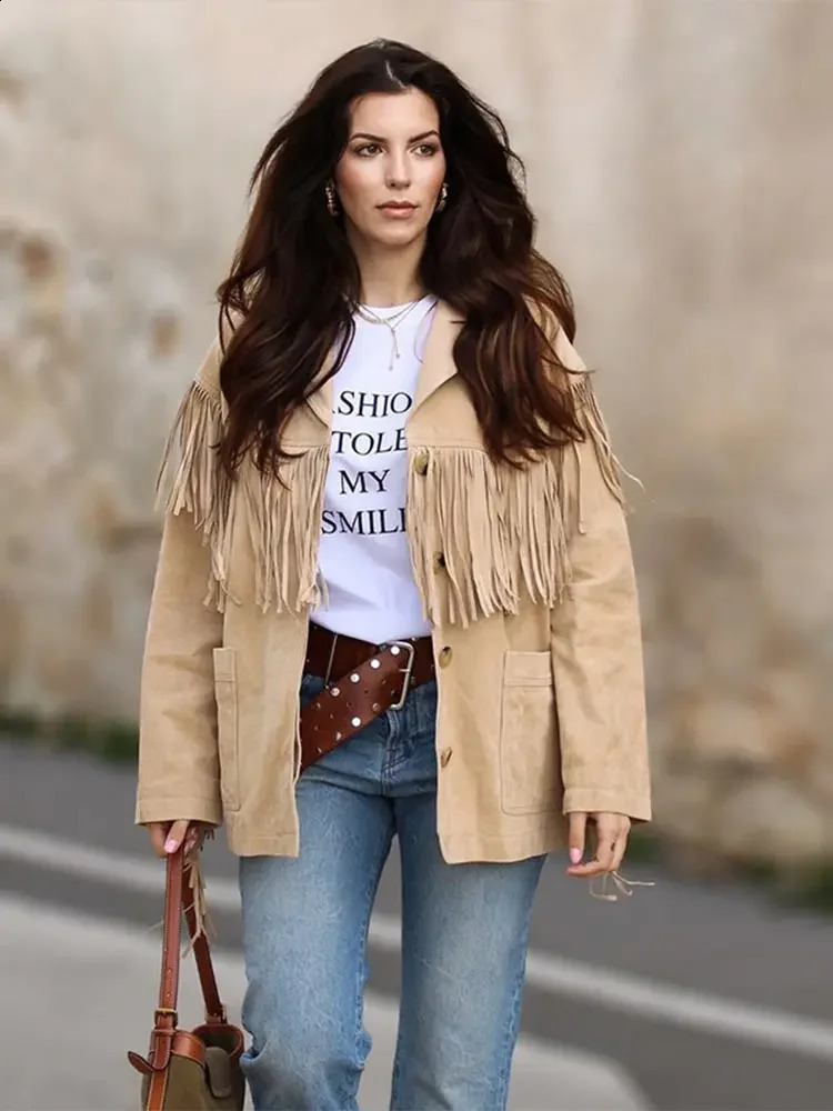 Female Autumn Retro Tassel Lapel Jackets Casual Long Sleeve Single-breasted Jacket Coats With Pockets Women High Street Outwear 240830