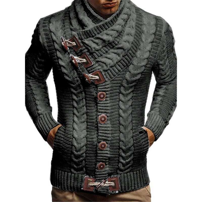 2025 New High Collar Horn Leather Button Knitted Fashion Cardigan Men's Sweater