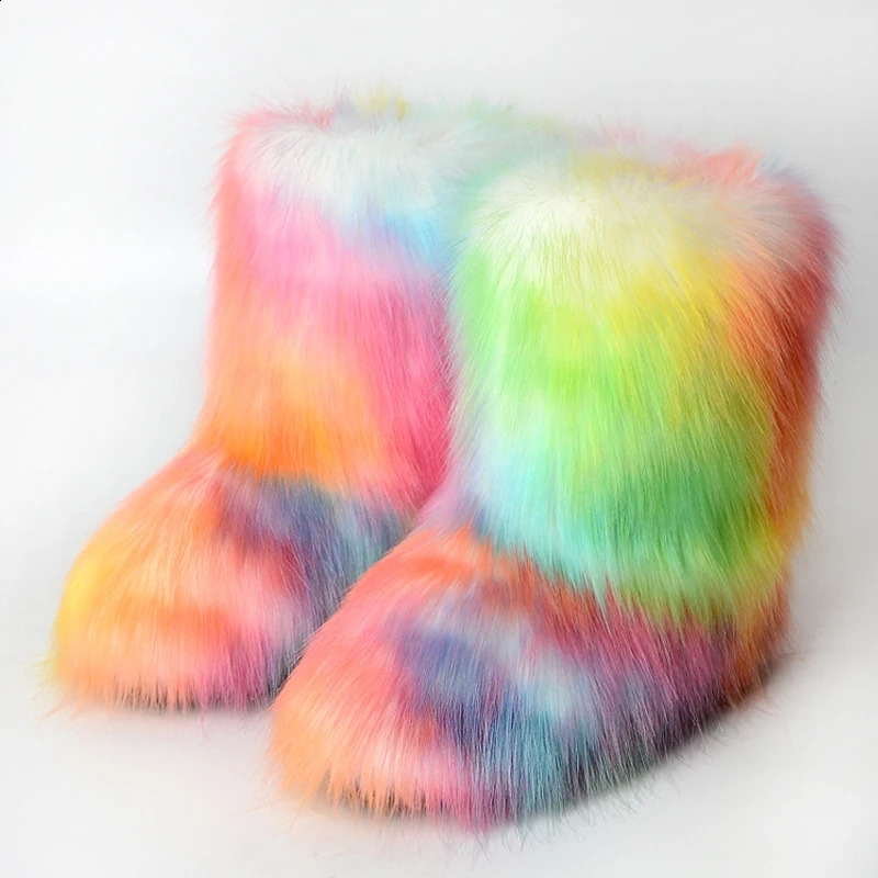 Fluffy Fur Boots Women Furry Snow Boot Warm Soft Plush Inside Fashion Woman Faux Fox Fur Boots Y2k Winter Anti Slip FuzzyShoes 240910