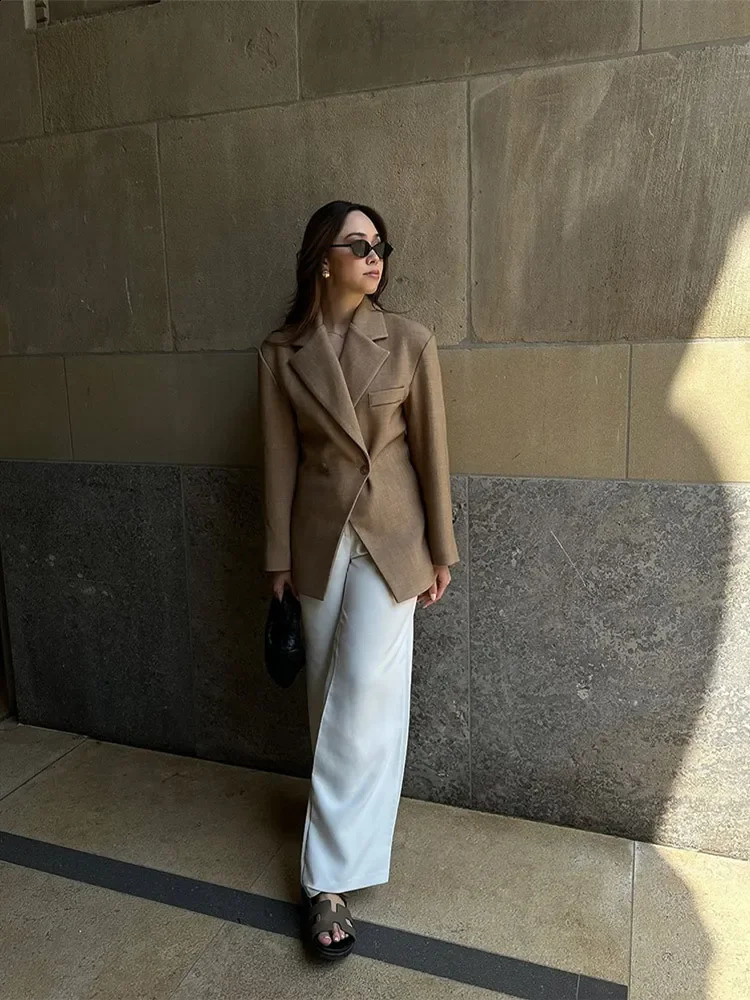 Womens Brown Lapel Solid Blazer Coat Female Commute Long Sleeves Pocket Loose Jacket Casual Lady Irregular Outerwear 240904 B4