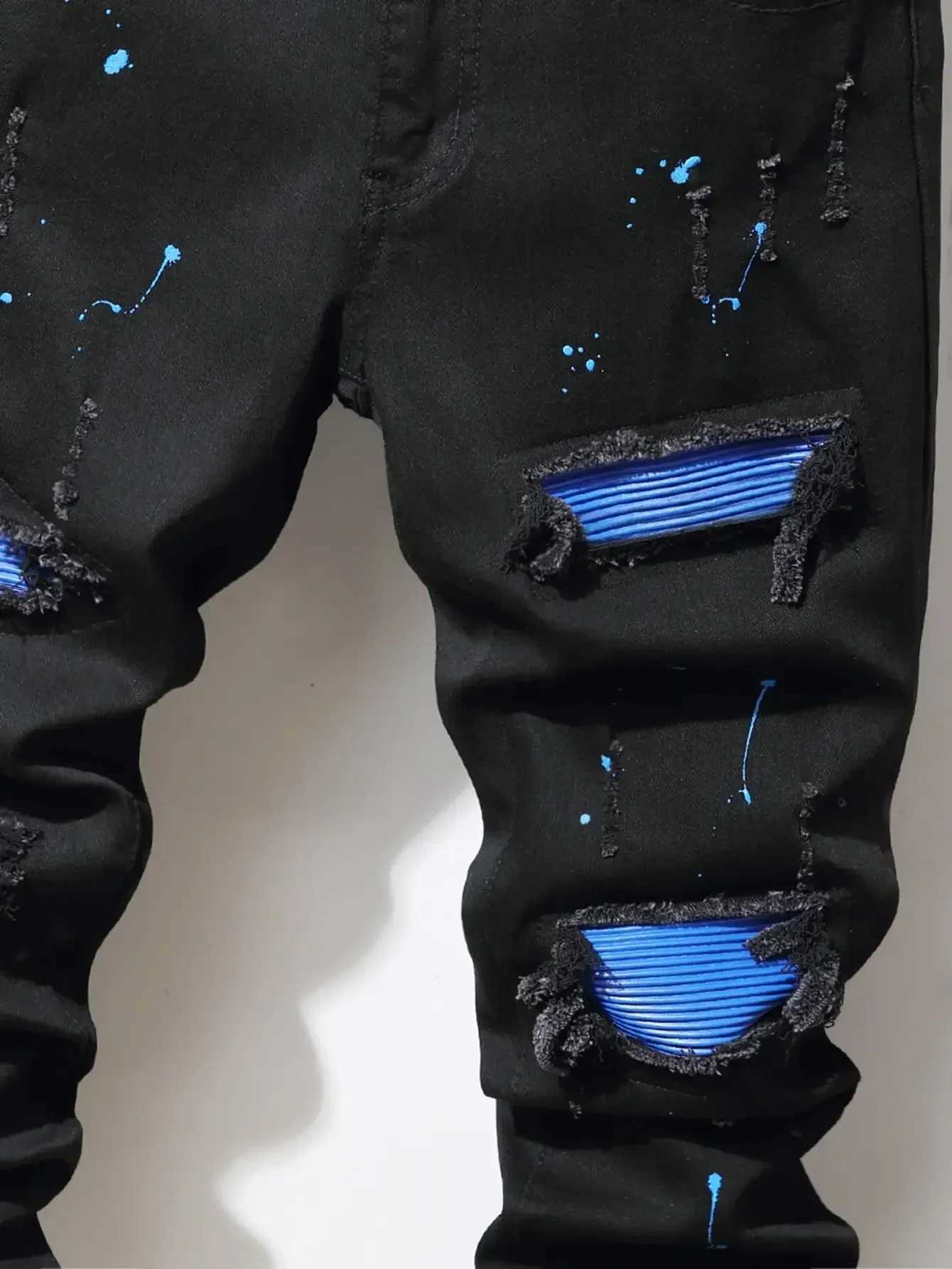 Mens jeans cool ripped skinny jeans stretchy slim denim pants patchwork work hip-hop black blue casual jogging jeans X2410261