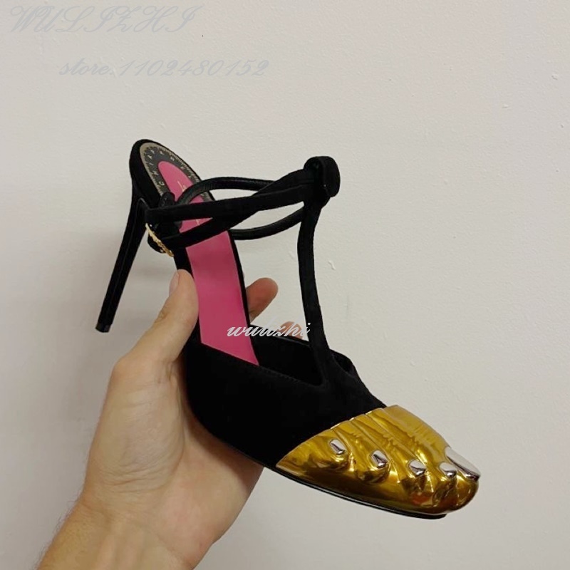Black Suede Sandals: Gold New Strappy Stilettos, Round Toe, Five-Toe Design, Ankle Straps, Hollow Heels For Women, Summer Hot Catwalk Style