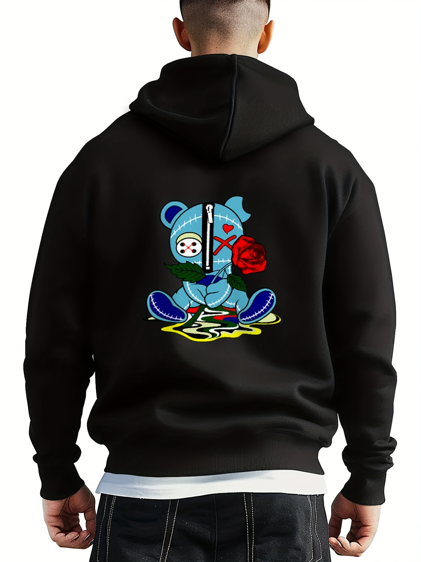 Men's Patchwork bear hoodies, kangaroo pockets and drawstrings, stylish long-sleeved hooded sweatshirts, fall/winter loose casual tops, men'