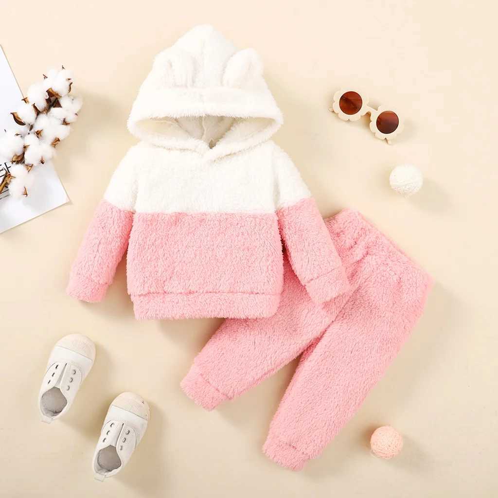 Clothing Sets 0-2 Years Newborn Baby Girl Fluff Hooded Clothes Set Long Sleeve Hoodie Top + Pant Autumn and Winter Warm Daily 2PCS Outfit H241126