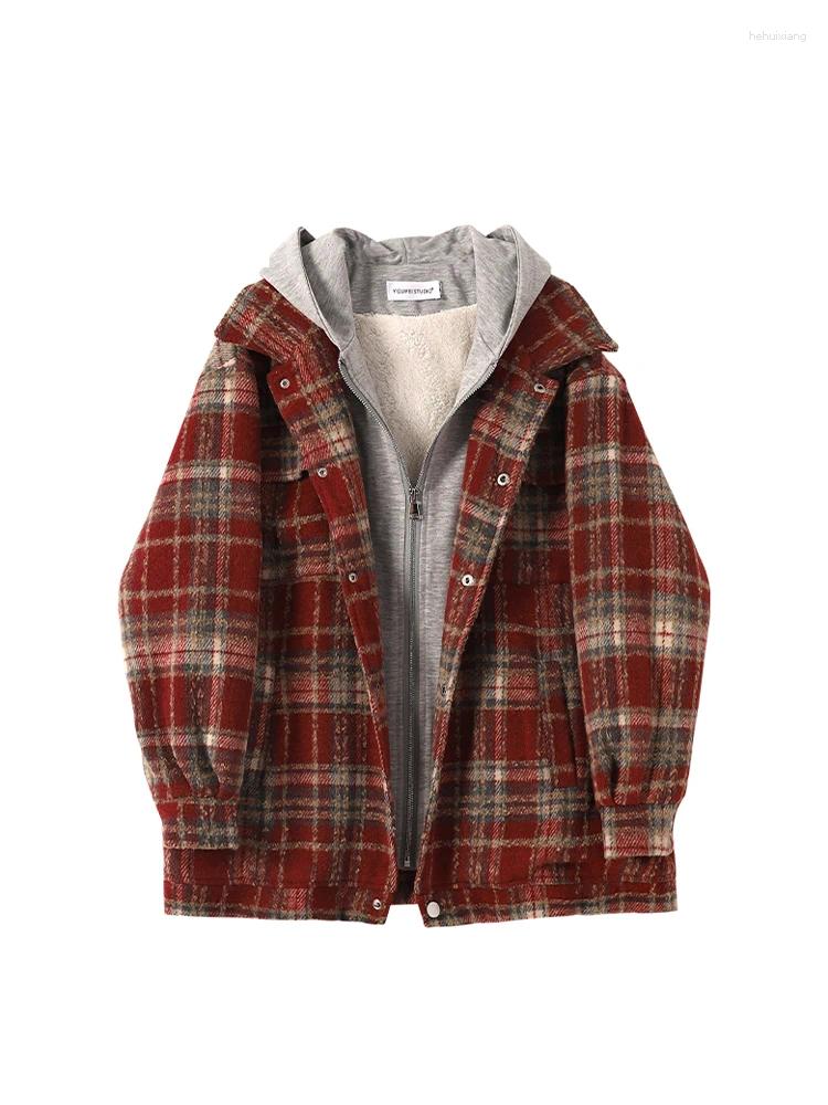 Women's Jackets: Red Plaid Korean Long Sleeve Coat, Y2k Fashion Streetwear, Vintage Loose Outwear