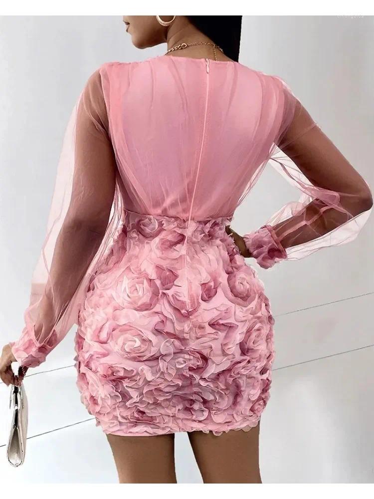 CNLONGBIDA Casual Dresses Women Fashion Dress Elegant Floral Pattern Sheer Mesh Patch Long Sleeve V-Neck Party Birthday For Woman Vestidos