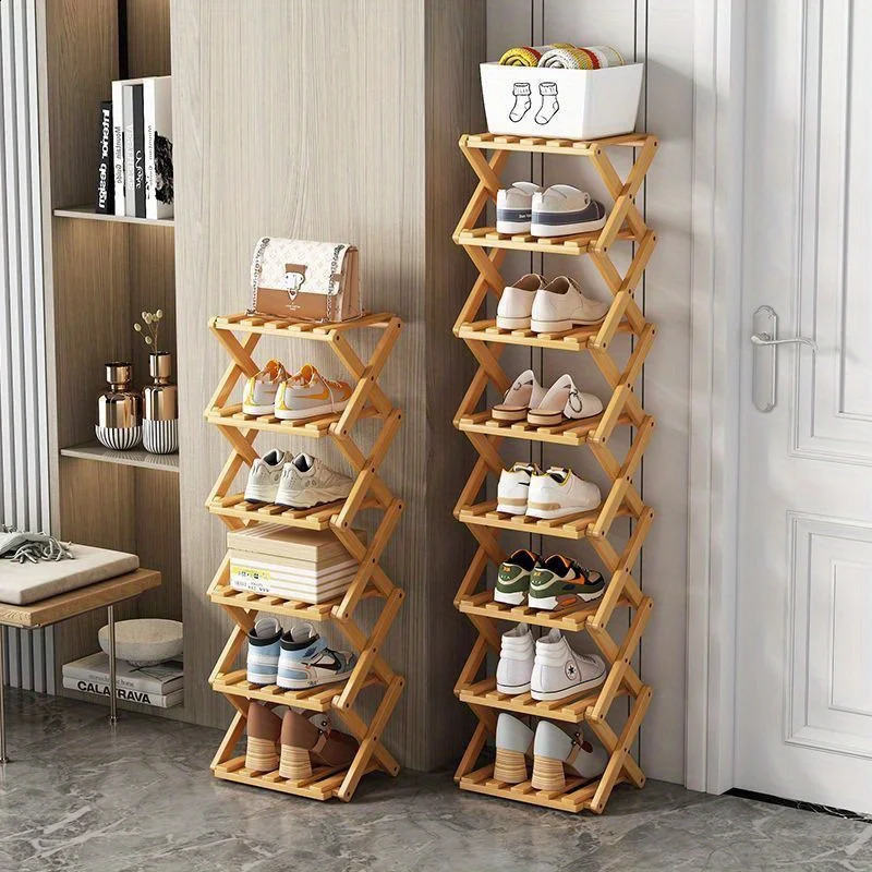 Folding Bamboo Shoe Rack Multi-Layer Narrow Space Saving Storage Organizer No-Installation Required Shoe Shelf for Small Spaces 240906