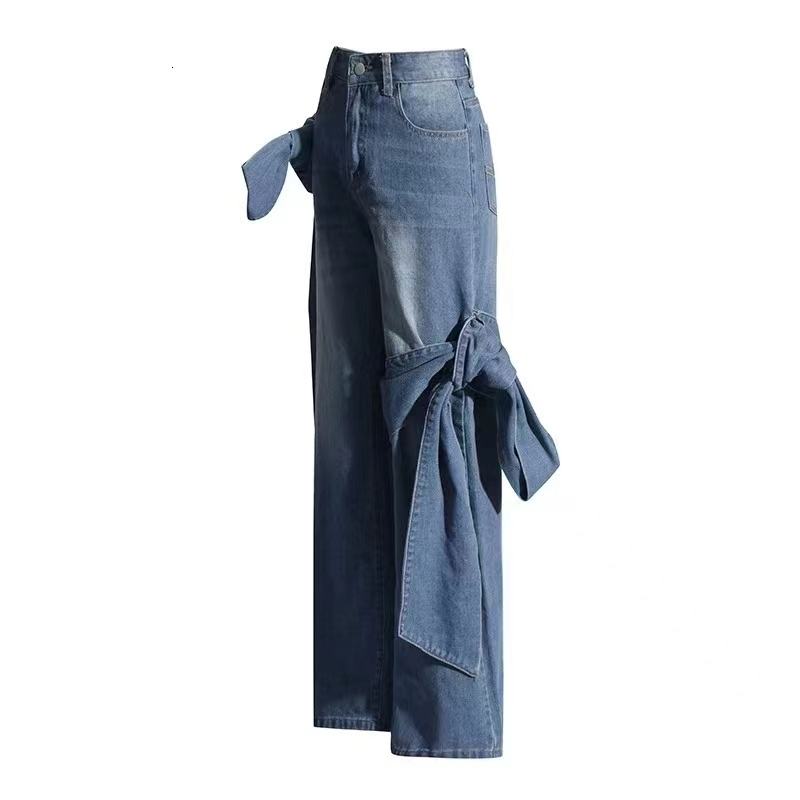 Spring new washed old patchwork bow wide leg pants with a design sense for women's high waisted slim fit jeans