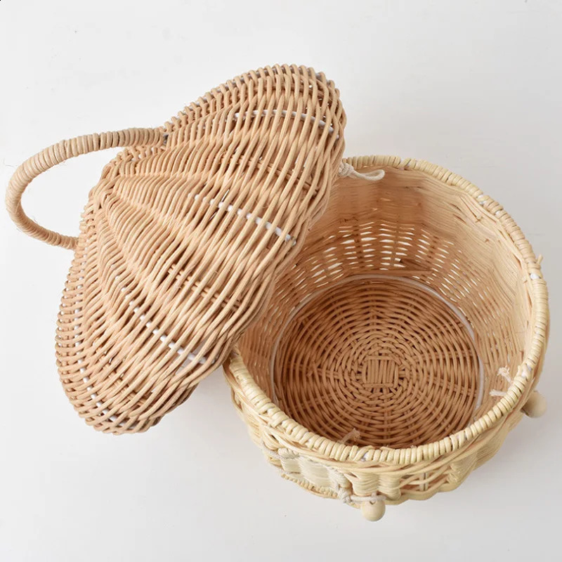 Rattan woven mushroom basket Bohemian portable straw storage box Outdoor vacation picnic basket Childrens toys Sunshine organizer 240903