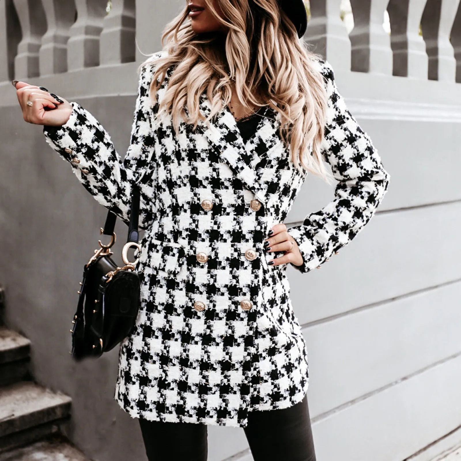 Retro plain printed jacket womens jacket womens jacket fashionable long sleeved double-layer jacket office womens slim fit jacket top 240909