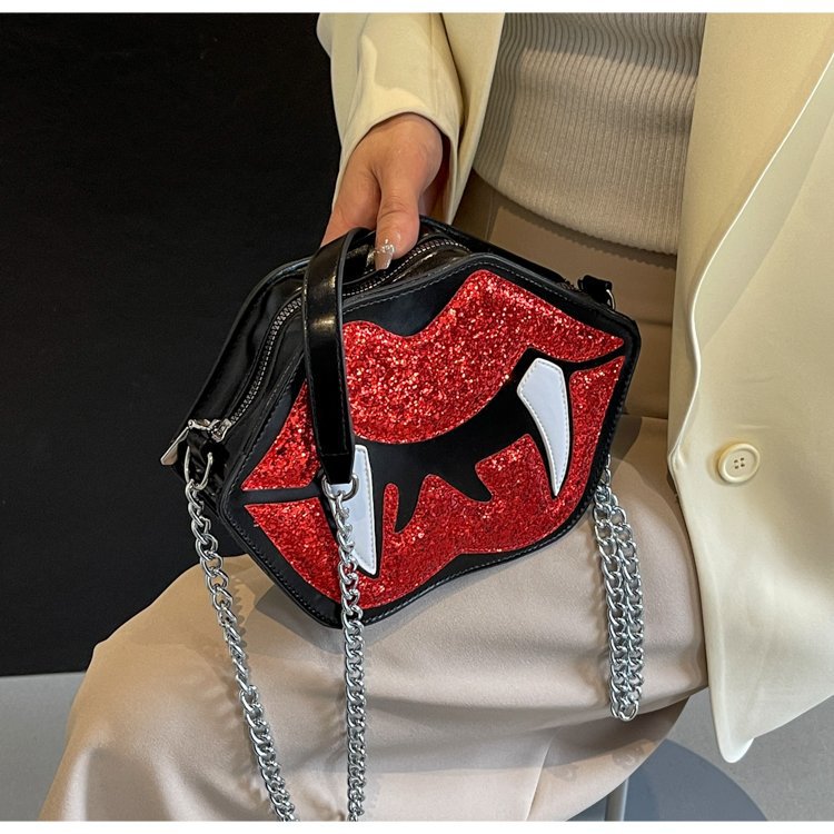 2025 Designer sequined chain New 3 shoulder with contrasting lips crossbody personalized and fashionable travel phone bag