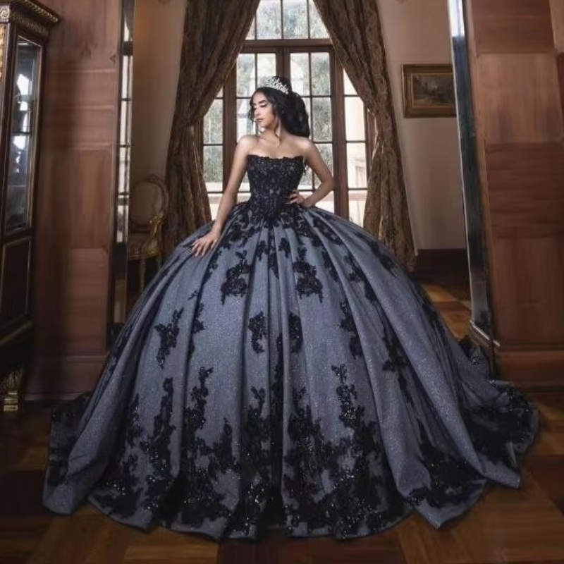 Sparkly Black Princess Quinceanera Dresses 2024 Strapless Gillter Applique Lace Tull Corset vestido de 15 anos Sweet 16 Dress