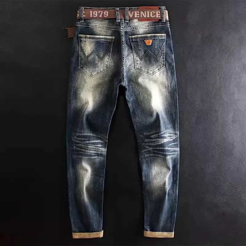 Fashion designer mens jeans retro washed blue stretch slim fit open top jeans mens classic fashion Trouser retro jeans W240907
