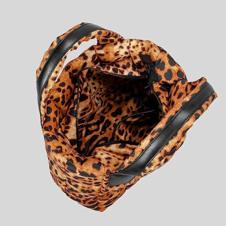 CMM Fashion Leopard Puffer Bag Quilted Padded Women Handbags Soft Nylon Down Cotton Shoulder Crossbody Bags Silver Tote 2024 New 240909