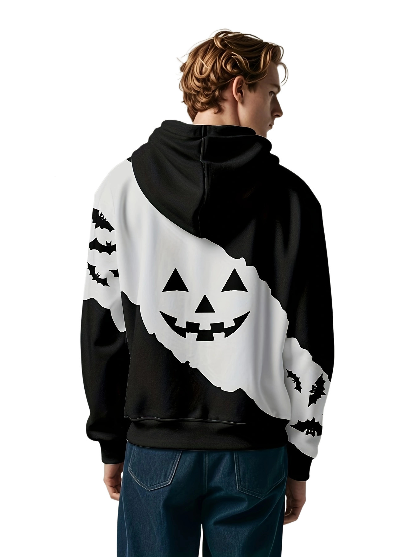 Halloween Pumpkin Bat Gradient Print Hoodie - Casual Polyester Pullover with Kangaroo Pocket, Perfect for Parties Gifts