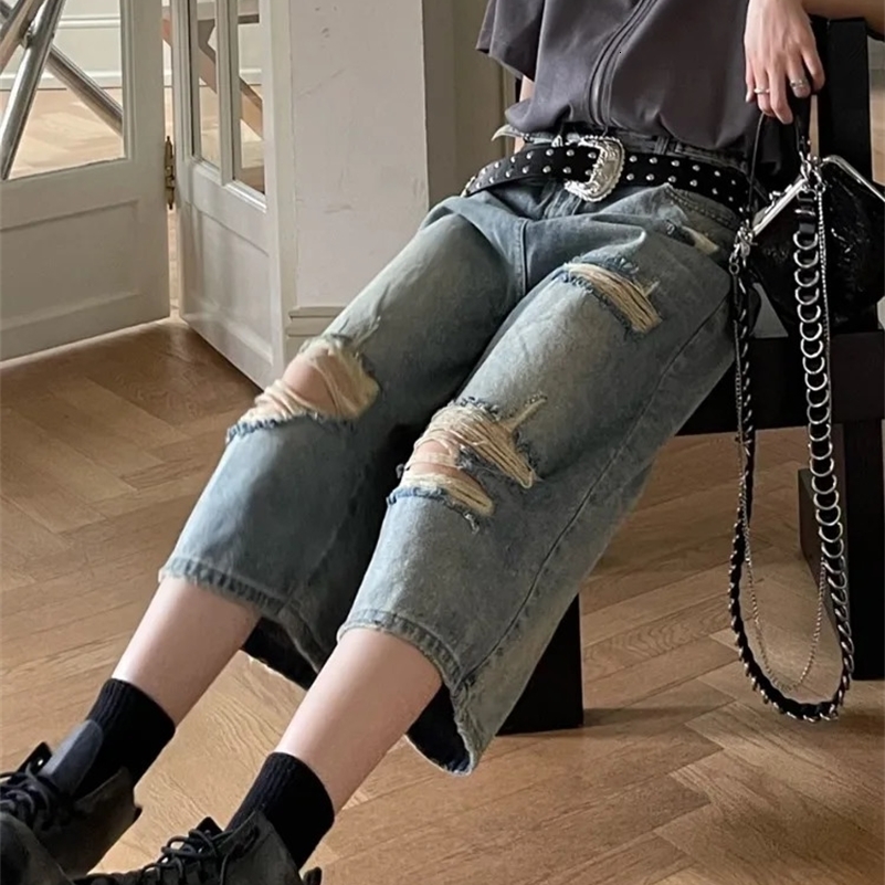 HOUZHOU Vintage Blue Ripped Short Jeans Women Oversized Distressed Jorts Y2k Grunge Baggy Boyfriend Denim Shorts Wide Streetwear 240821