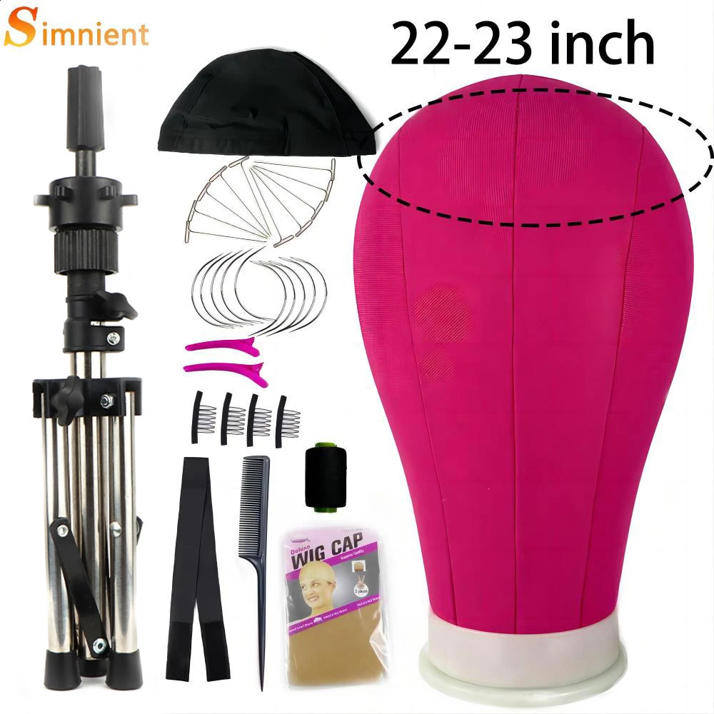 22/23Canvas Block Head With Adjustable Tripod Training Mannequin Head Wig Stand For Wigs Making Hair With T Pin Wig Instal Kit 240907