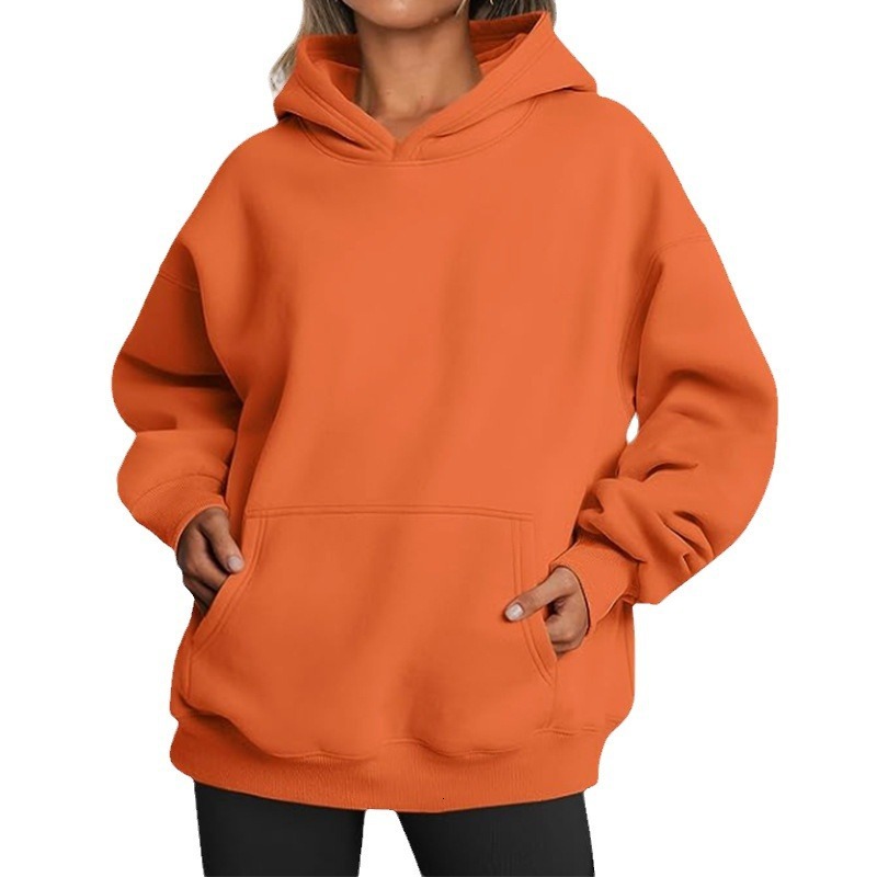 2024 women's autumn and winter new item solid color loose hooded long sleeved sweatshirt