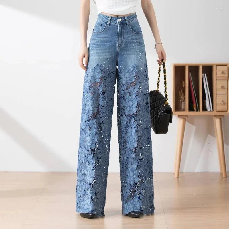 Women's Pants Spring Fashion Elegant Women Jeans 2024 High Waist Lace Patchwork Ladies Pantalones Casual Hollow Out Female Z260314