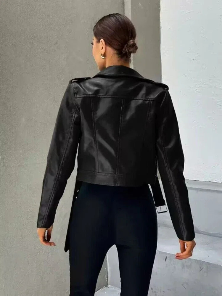 Womens black leather jacket spring and autumn collar short motorcycle womens ultrathin long sleeved street clothing artificial 240906