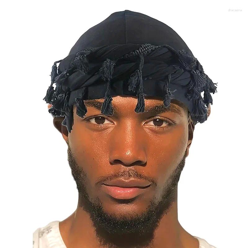 Berets Men Hat Punk Burr Trim Twisted Tail Fringe Cotton Bandana Hop Turban Hats Head Wrap Beanie Cap Solid Color Docker