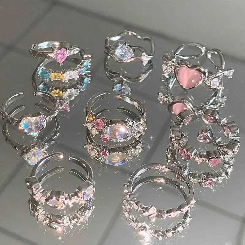 Adjustable Crystal Ring Y2K Pink Irregular Geometry Retro Bow Heart Ring Set 2023 New Fashion Jewelry GiftXJ250412