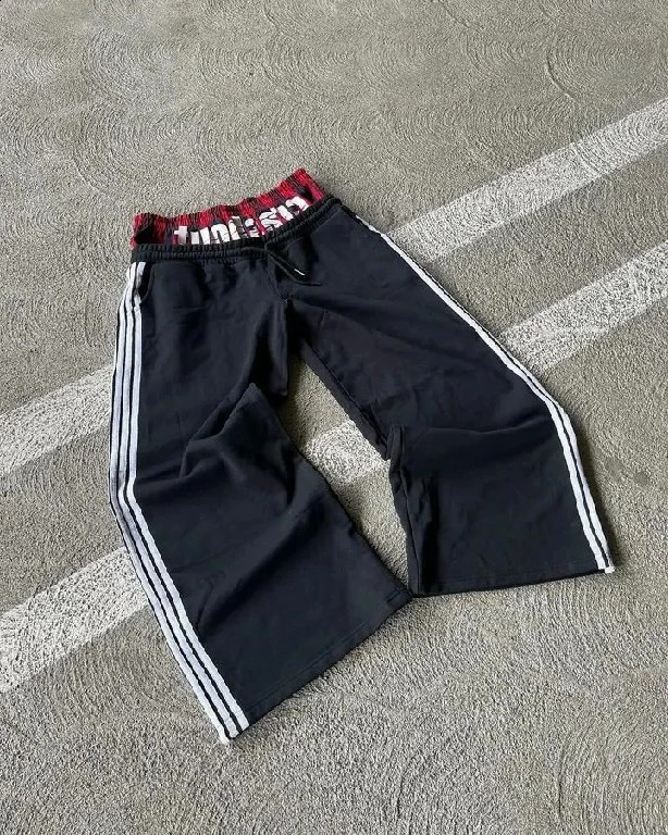 Sweatpants Y2K Womens Mens Retro Hip Hop Double Layer Stripe Embroidery Baggy Casual Pants Elastic Waist Jogging Pants 240905
