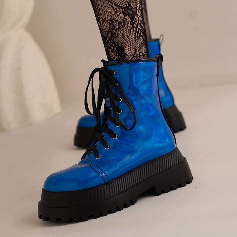Double Layer Platform Shiny Patent Leather Flat Bottom Plush Inner Ing Lace Up Autumn New Women's Boots