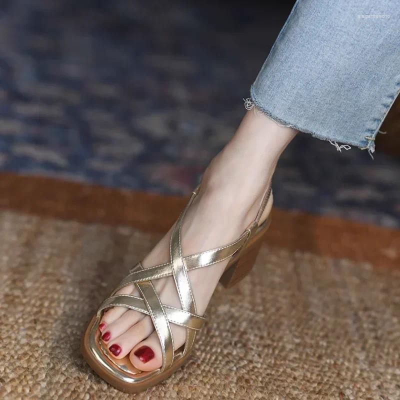 2025 S Fashion Designer Sandals Women Mid Heels Gladiator Style Summer Shoes Cross Straps Ankle Buckle Sier Gold Size Dropship