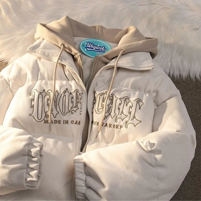 American niche Ins fake two piece hooded bread shirt Y2K street fashion loose retro couple jacket trendy mens clothing 240907