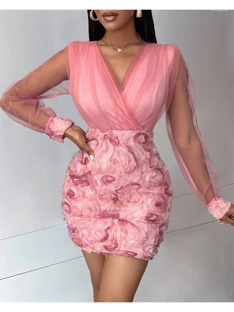 CNLONGBIDA Casual Dresses Women Fashion Dress Elegant Floral Pattern Sheer Mesh Patch Long Sleeve V-Neck Party Birthday For Woman Vestidos