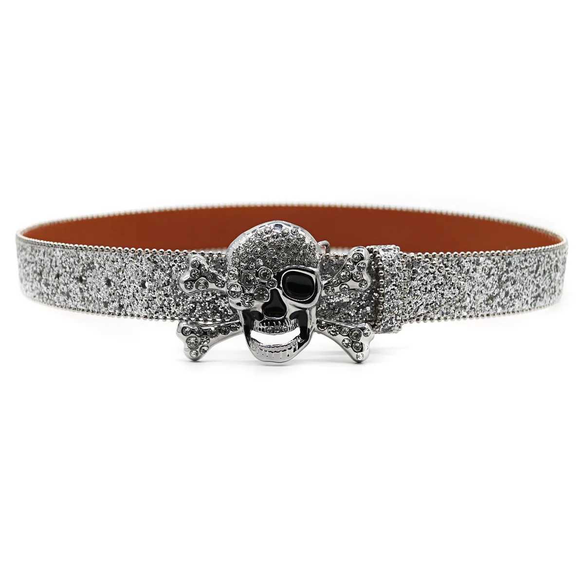 Womens Fashion Skeleton Rhinestone with Flash Stud Design Leather Diamond Belt Western Cowboy Dress W240909
