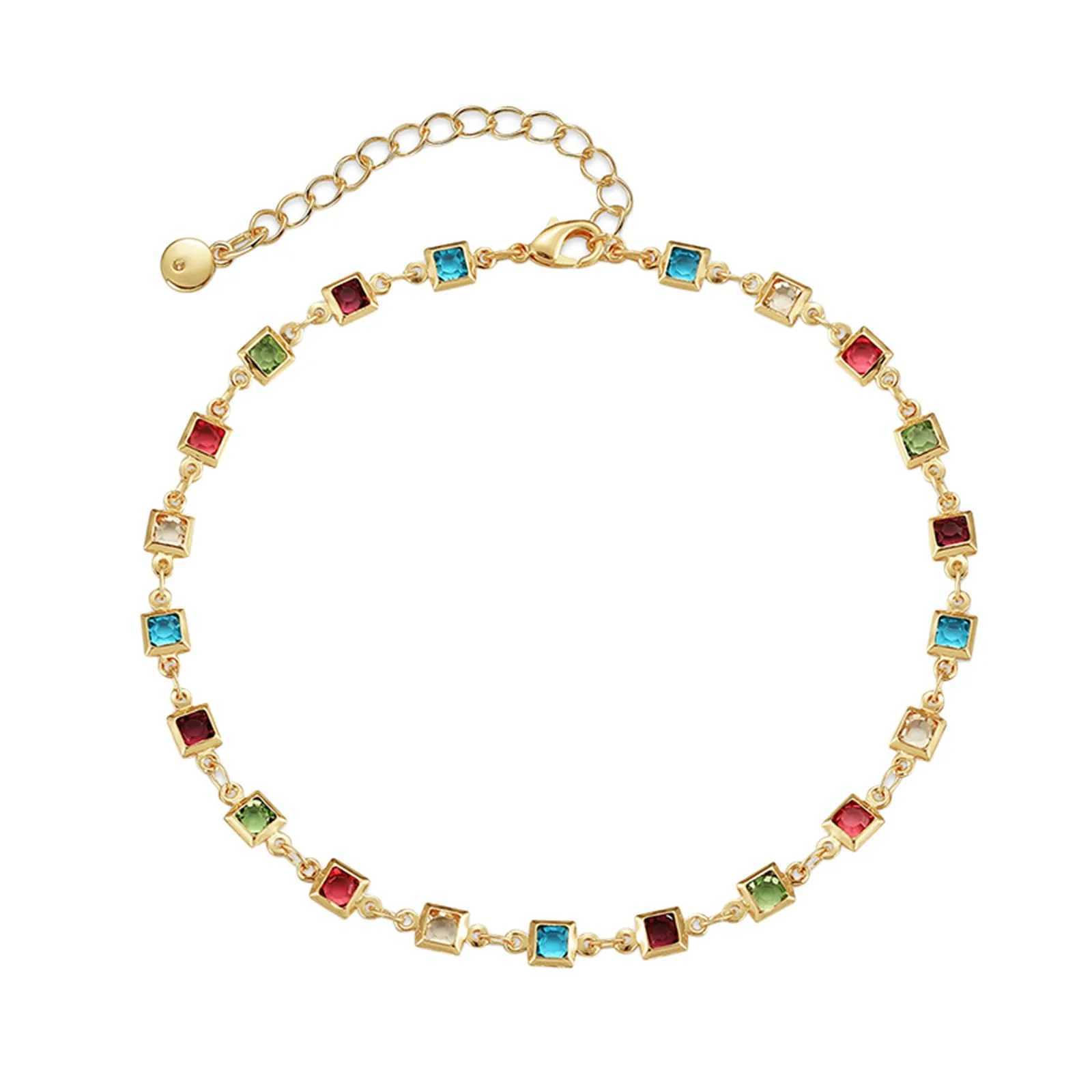 Anklets For Women Sterling Silver Large Boho Gold Plated Colorful Square Anklet Square Rhinestone Acier Inoxydable Bijoux FemmeX240909