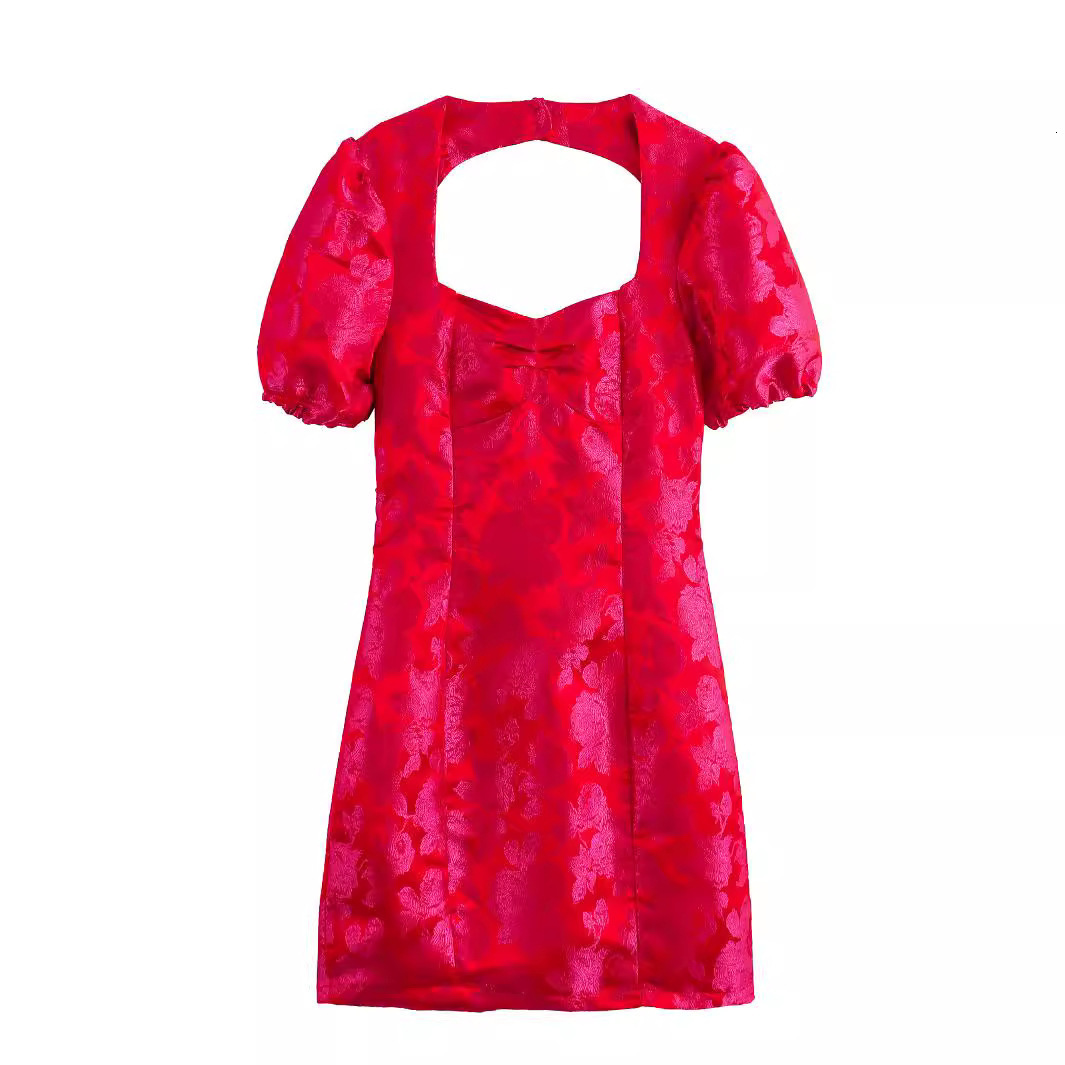 Temperament Autumn Dress Mini Style New Womens Sleeves Fashion Jacquard Puff Square Neck