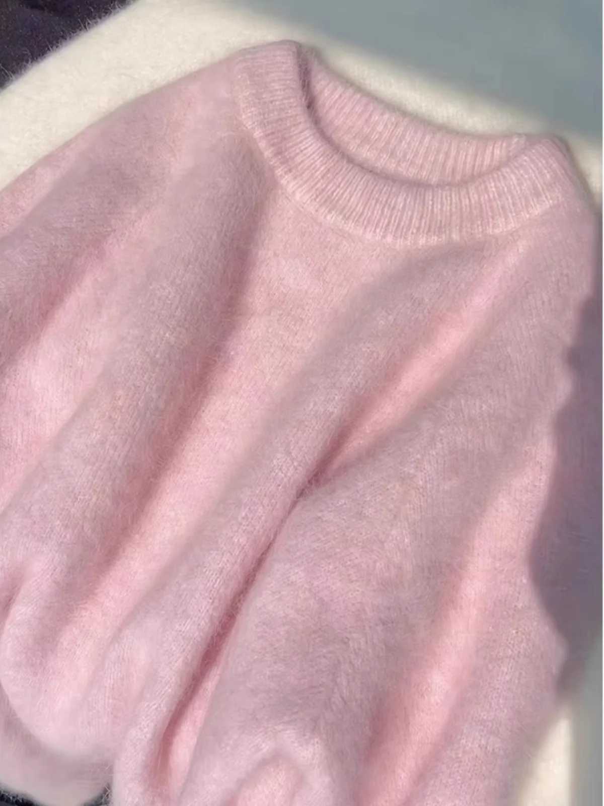 Pink Soft Mohair Knitted Sweater Womens Autumn Winter Loose Long Sleeved Top New Solid Color Simple O-neck Pullover CoatX240909