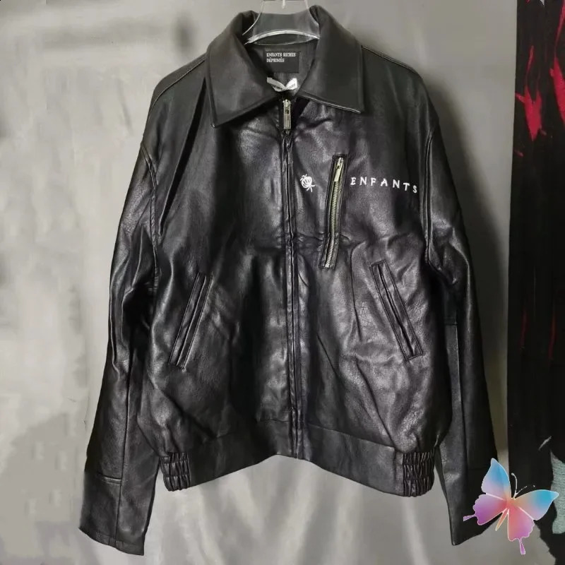 Winter High Street ERD Jackets Embroidery Zipper Pocket Black Motorcycle Leather Coats Men Women Cleanfit Streetwear 240905