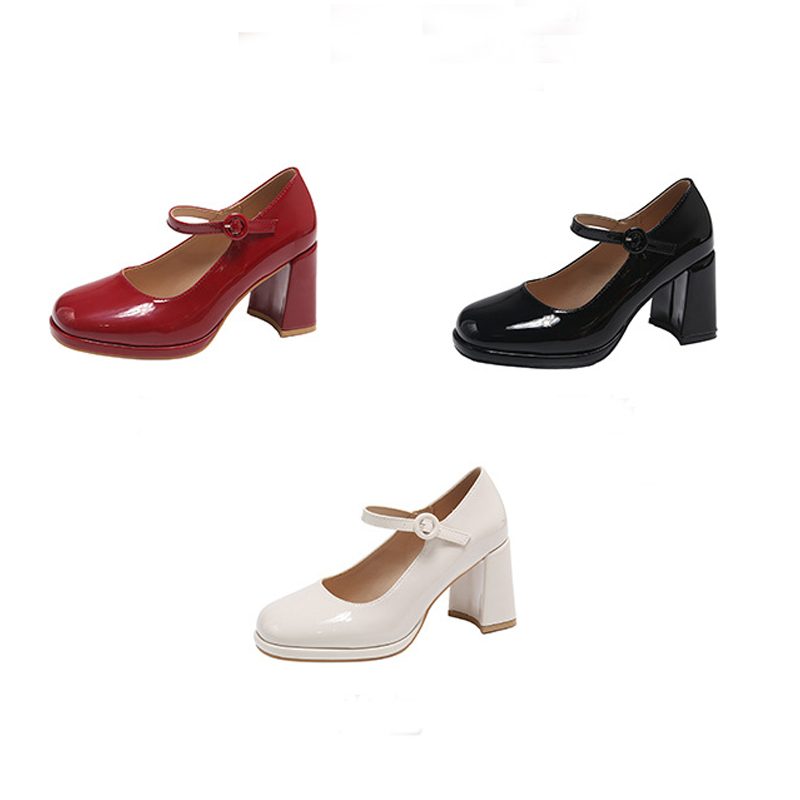 Dress shoes Classic Mid heeled boat shoe Designer shoe Belt Thick heel high heels Tassels Round head Metal Button women shoes Large size 34-41-42 us3-