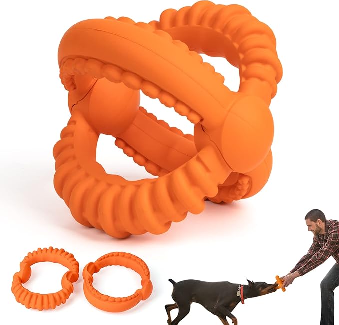 Interactive Dog Toys, Dog Chew Toys with 2 Rings for Large Breed, Detachable Dog Tug Toy with Nature Rubber for Teeth Cleaning and Fetch Training