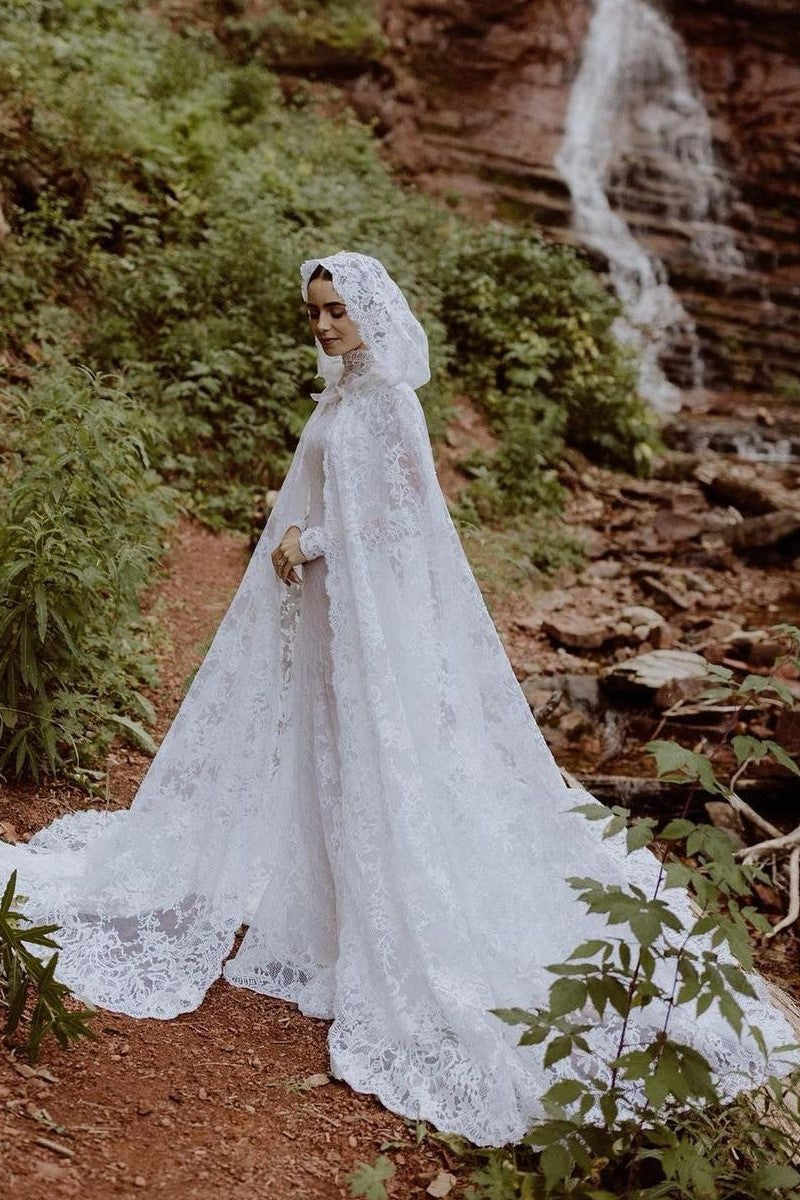Lace Bride Shawl Lace Long Wedding Cloak Floor Length Hooded Cape New Jacket Bridal Wrap Custom Made