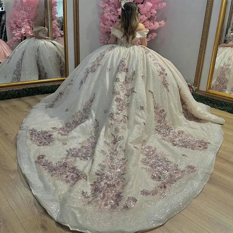 Sparkly Crystal Sequined Appliques Lace Quinceanera Dresses Ball Gown Off The Shoulder Beading Tassel Sweet 15 Birthday Party