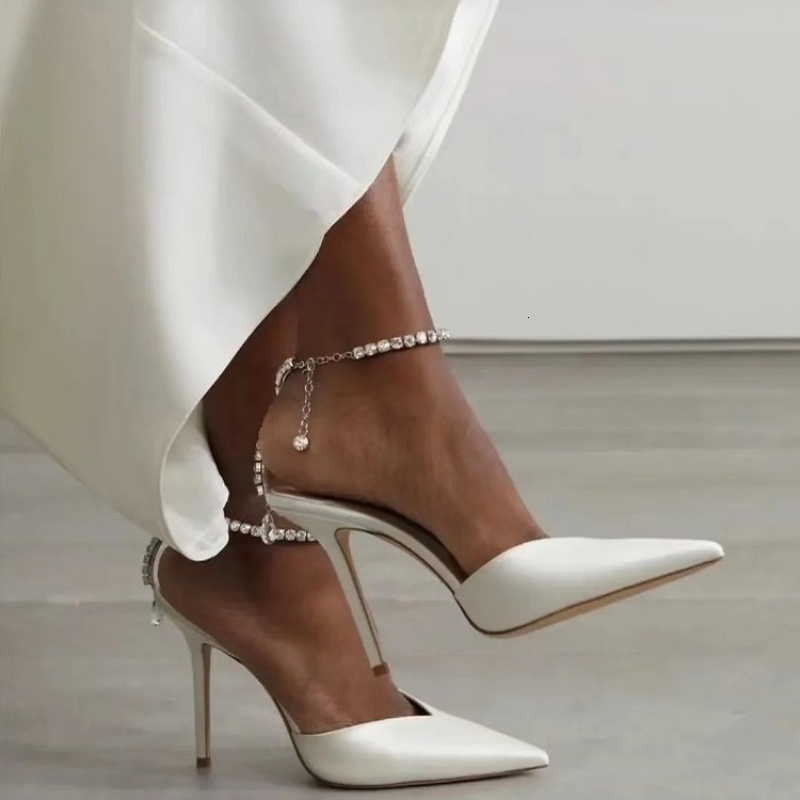 TOP 2024 New Satin Pumps Crystal Pendant One Word Rhie Chain High Heels Pointed Thin Heel Sexy Sandals Wedding Shoes d9