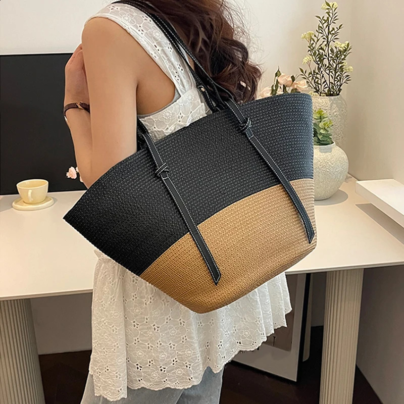 Large Grass Bag Beach Shopping Bag Rattan Womens Shoulder Bag Womens Handmade Grass Basket Summer Handbag 240907