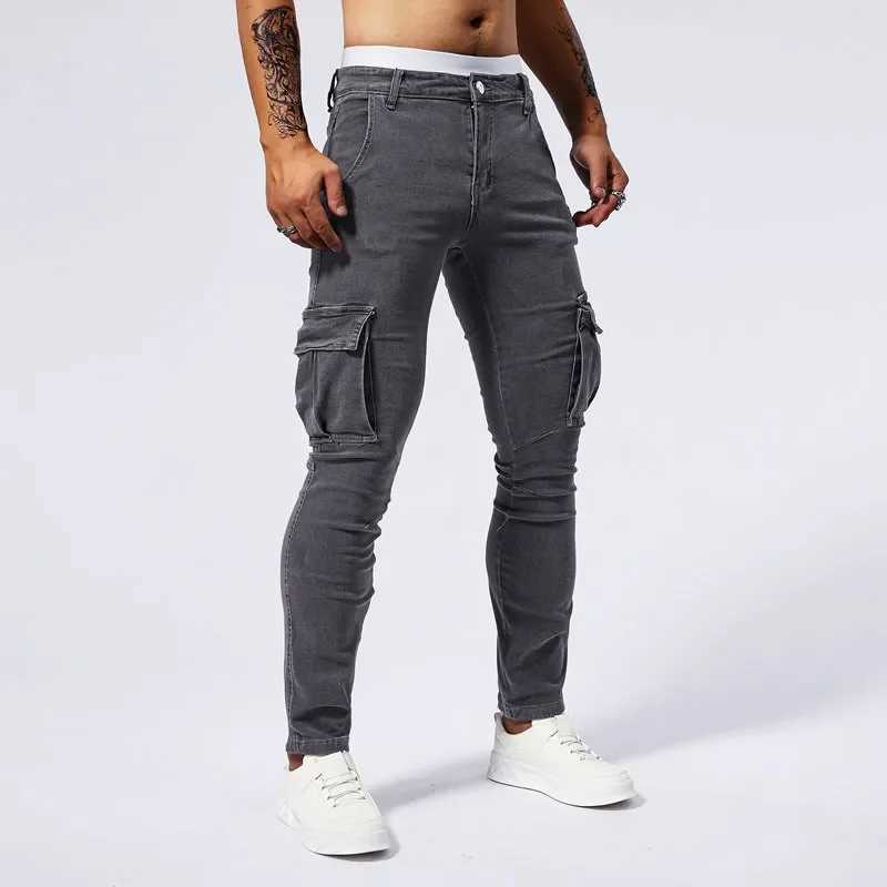 Slim Fit Large Pocket Jeans Cargo Pants for Men Fashionable Casual Hip Hop Stretch Denim Long Pants Male Streetwear Track Pants X250227