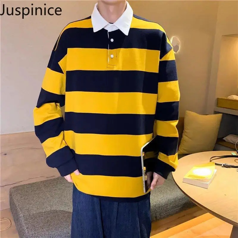 Spring Autumn Lapel Long Sleeve Striped POLO Shirts Fashion Mens Loose Casual High Street Personalized Shirt Male Clothes 240908