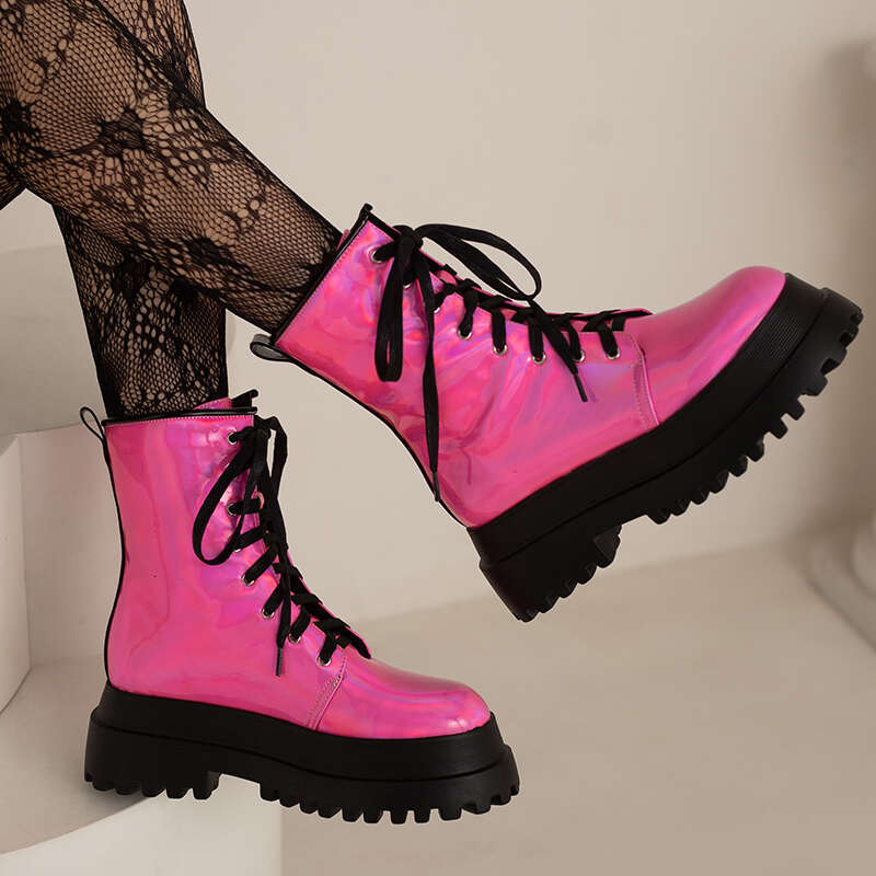 Double Layer Platform Shiny Patent Leather Flat Bottom Plush Inner Ing Lace Up Autumn New Women's Boots