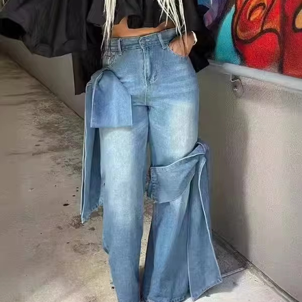 Spring new washed old patchwork bow wide leg pants with a design sense for women's high waisted slim fit jeans
