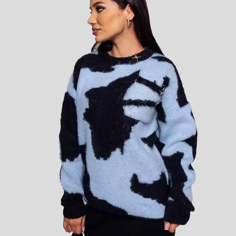 American Street Figure Geometric Printing Loose Harajuku Couple Knitted Sweater Y2k Retro Rose Red Casual Pullover Sweater 240821
