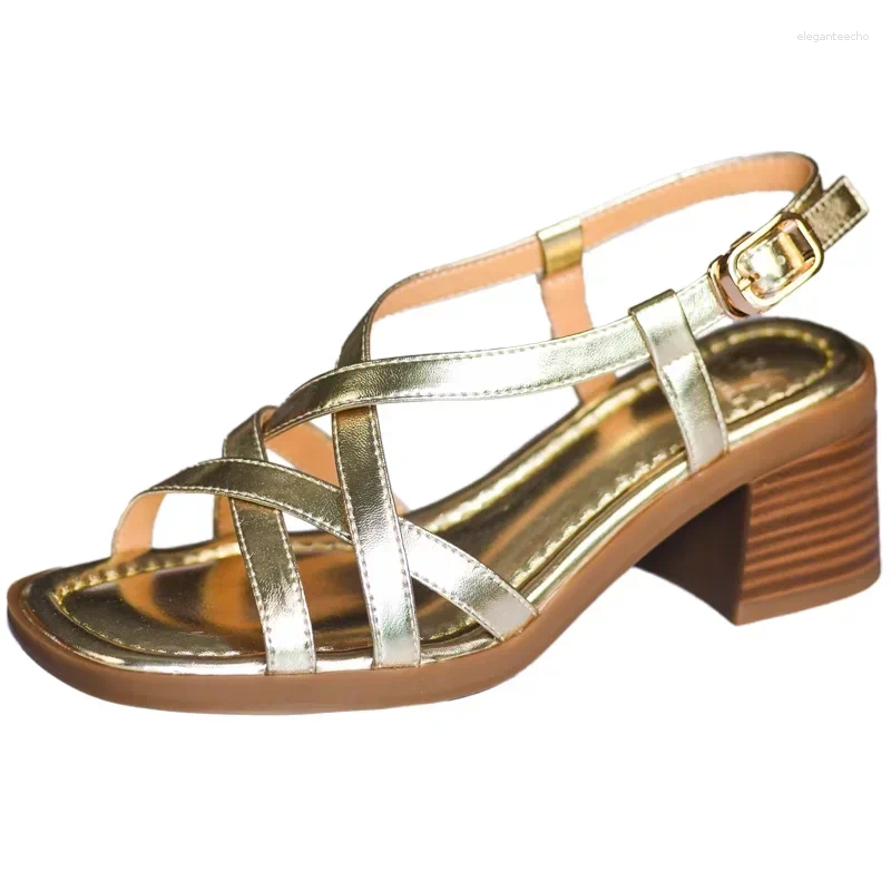 2025 S Fashion Designer Sandals Women Mid Heels Gladiator Style Summer Shoes Cross Straps Ankle Buckle Sier Gold Size Dropship