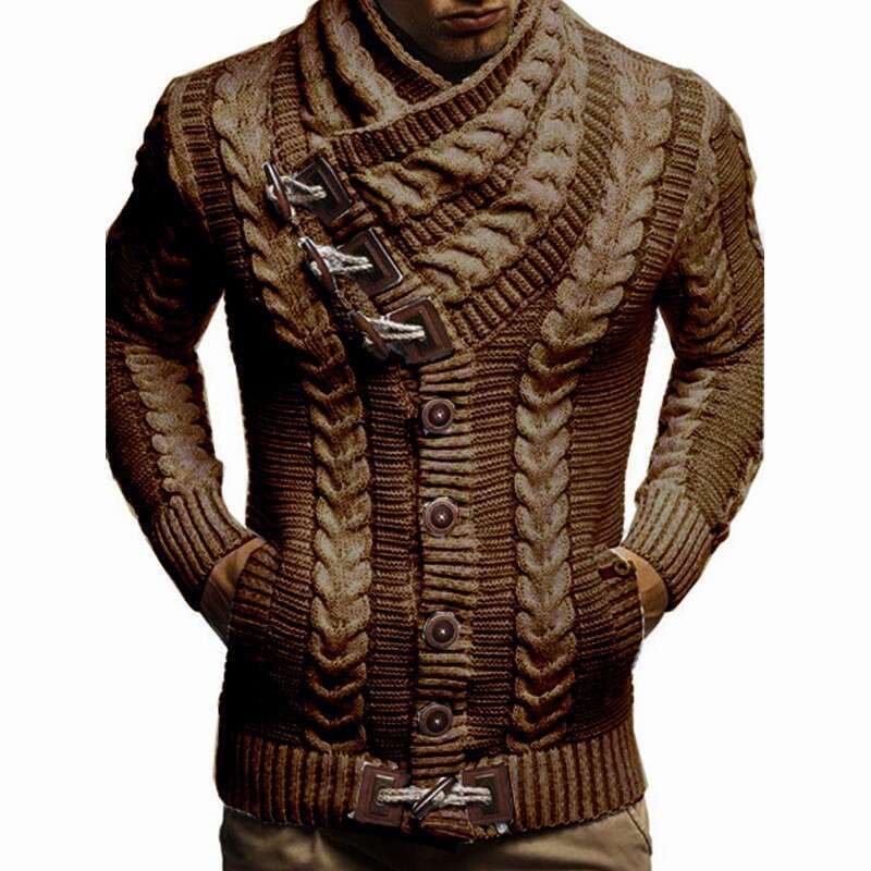 2025 New High Collar Horn Leather Button Knitted Fashion Cardigan Men's Sweater