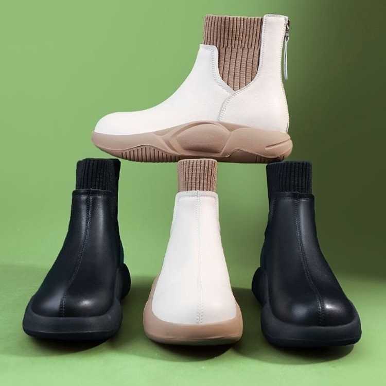Round Head Flat Heel Short Ankle Boots Womens Elastic Socks Boots Middle Heel Sporty Autumn Winter Single Boots British Style Thin Martin Boots 240826